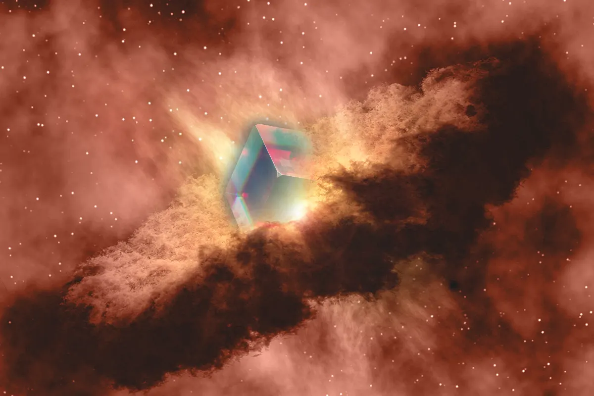 Fantasía, cubo traslúcido en el centro de una nebulosa