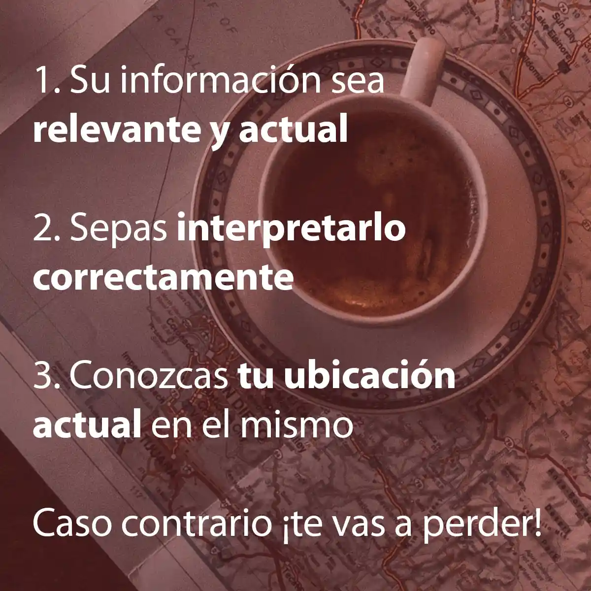 Frase continúa: "1 su información sea relevante y actual, 2 sepas interpretarlo correctamente, 3 conozcas tu ubicación actual en el mismo. Caso contrario, te perderás.