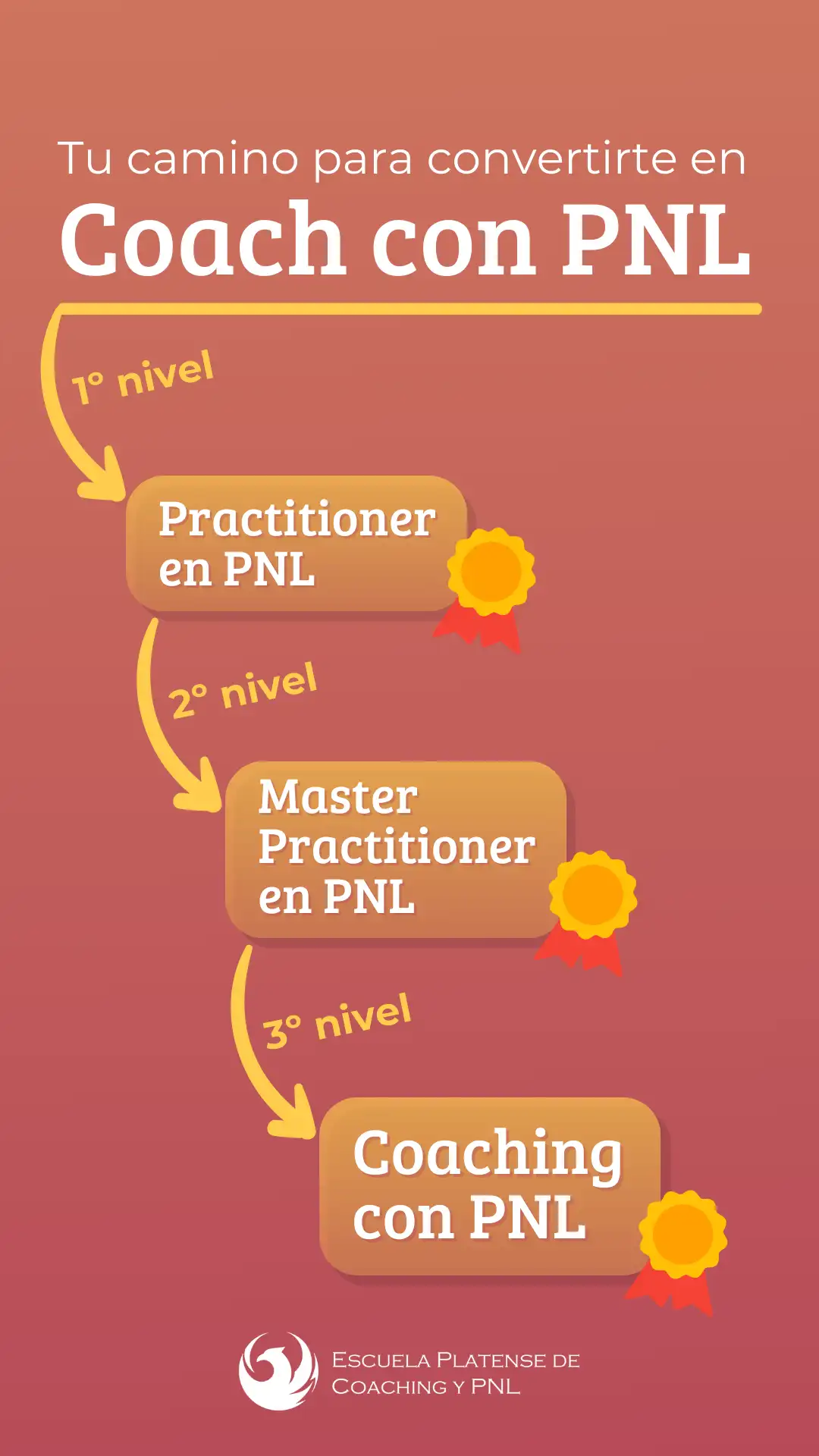 Imagen que describe "tu camino para convertirte en coach con PNL", señalando el Practitioner en PNL como 1er nivel, el Master Practitioner en PNL como 2do nivel y Coaching con PNL como 3er nivel, cada una con certificación individual