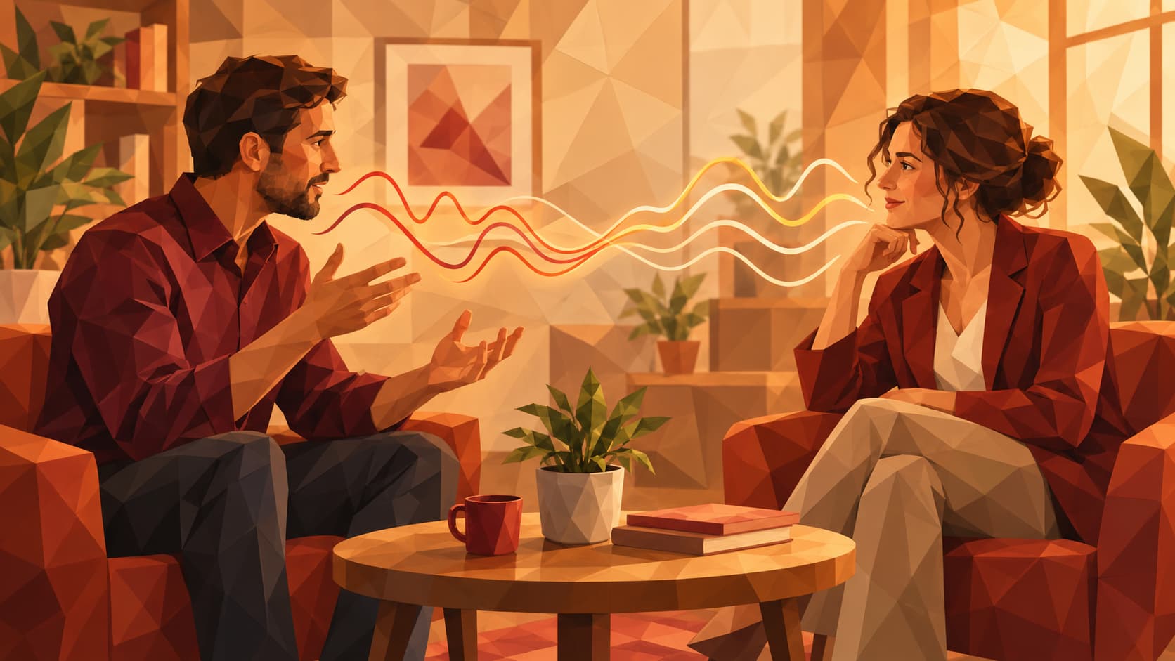 Dos personas conversando con ritmos que se acompasan como representación del Rapport en PNL
