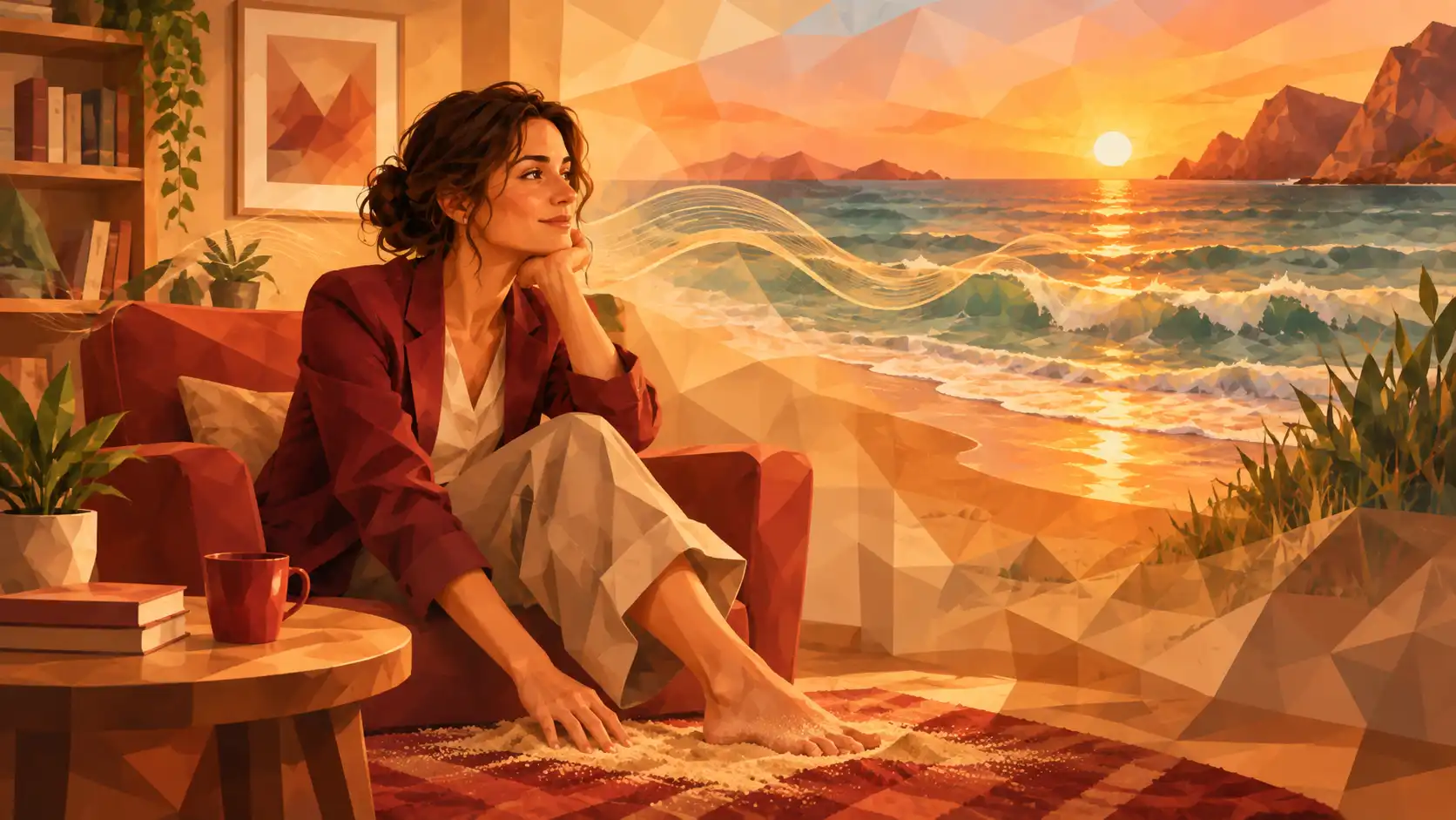 Mujer representando una experiencia mediante imágenes del mar, sonidos de las olas y sensaciones de la arena.